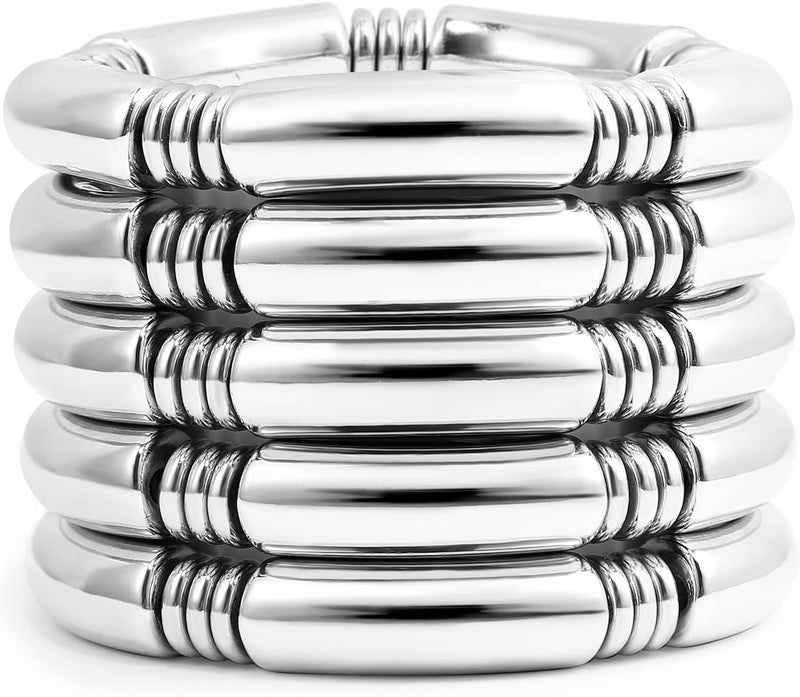 Badu Gold Chunky Bangles Bracelets For Women 14k Gold Plated Stack Layered Curved Bamboo Tube Stretch Bracelets Gift Jewelry - Image 1